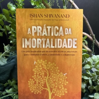 Capa de livro laranja com título A PRÁTICA DA IMORTALIDADE e ilustração de árvore