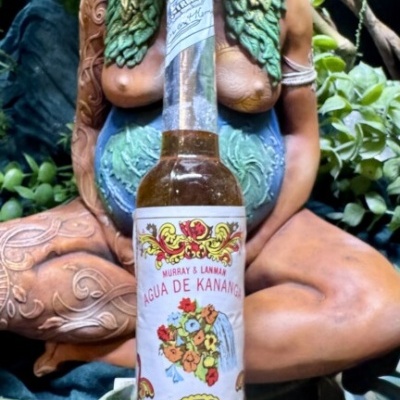 Garrafa de Água de Kananga com rótulo floral diante de figura decorativa feminina com cabelo verde