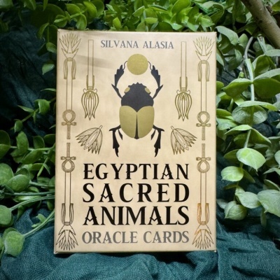 Caixa bege de cartas oracle com escaravelho dourado, texto Egyptian Sacred Animals Oracle Cards e folhas verdes ao redor