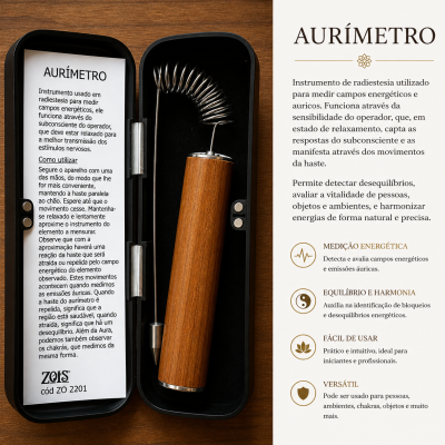 Aurímetro com cabo de madeira e molas metálicas numa caixa preta acolchoada, ao lado folha explicativa em português.