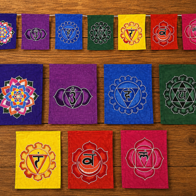 Bandeiras de tecido com símbolos de chakras coloridos sobre madeira