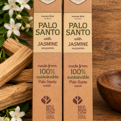 Caixas de incenso Palo Santo com Jasmim em embalagem castanha com texto verde e roxo junto a flores e varas de madeira.