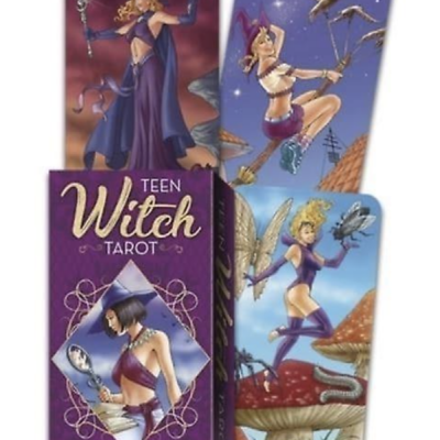 Cartas de tarot Teen Witch com ilustrações de bruxas jovens em cores vibrantes