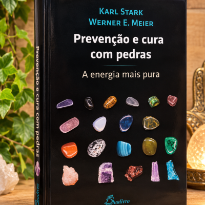 Capa de livro preto com imagens de pedras coloridas e texto em português