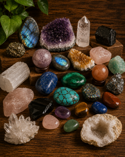 Conjunto de pedras minerais e cristais coloridos organizados sobre superfície de madeira