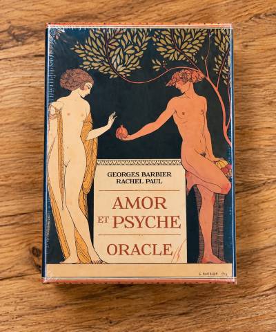 Caixa de oráculo com arte Art Nouveau e texto em francês