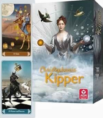 Embalagem do oráculo Kipper com duas cartas detalhadas e figura feminina na capa