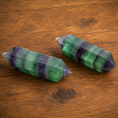 Dois cristais facetados em tons de verde e roxo sobre madeira