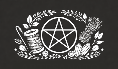 Desenho branco em fundo preto com linha, agulha, pentagrama, ervas, cristais e folhas