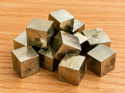 Cubos metálicos prateados sobre mesa de madeira