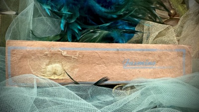 Caixa de incenso Jasmine em papel castanho com penas e rede verde claro