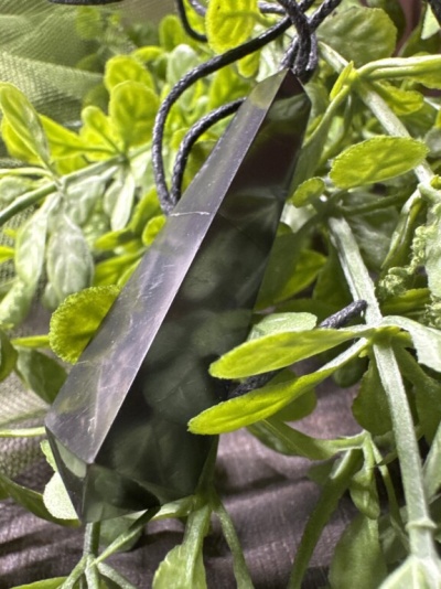 Pingente de pedra verde escura com cordão preto entre folhas verdes