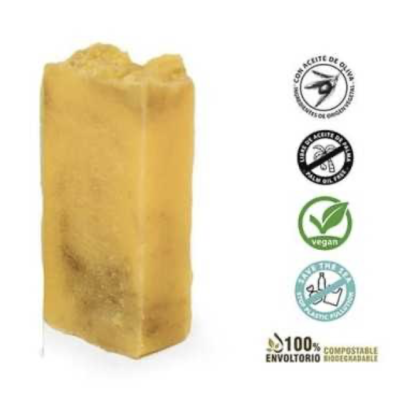 Barra de sabão amarelo com ícones de certificação