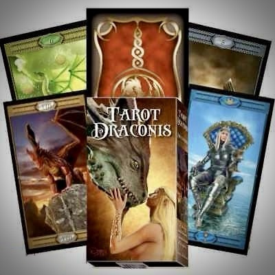 Conjunto de cartas de tarô TAROT DRACONIS com ilustrações de dragões e figuras humanas.