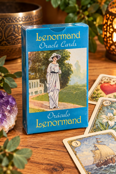 Caixa azul de cartas oráculo Lenormand com ilustração de mulher e cartas espalhadas sobre mesa de madeira