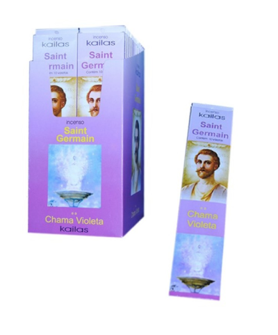 caixa e embalagem lilás de incenso Kailas Saint Germain Chama Violeta com imagem de homem e chama