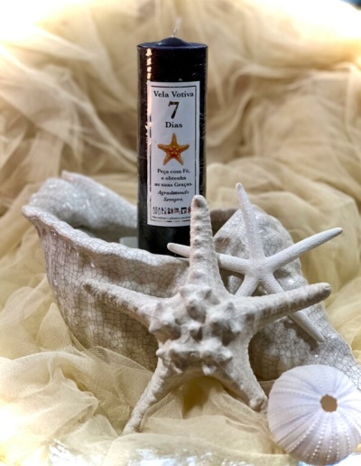 Vela preta com estrela do mar e conchas brancas em tecido bege