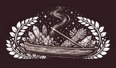 Ilustração monocromática de incensário em formato de barco com cristais e plantas, e incenso aceso