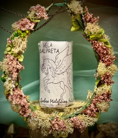 Vela branca com desenho de pégaso e texto, circundada por guirlanda de flores secas rosa e verde.