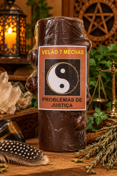 Vela castanha 7 mechas com etiqueta yin-yang