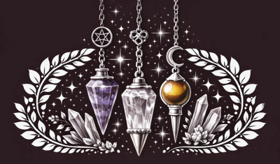 Três pendentes de cristal com símbolos pendurados com fundo preto estrelado e ramos brancos decorativos