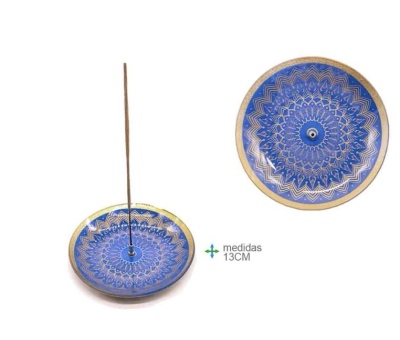 Incensário redondo azul com padrão mandala dourado e suporte para incenso
