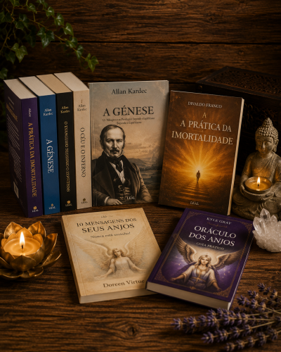 Livros espirituais e esotéricos com velas, estátua de Buda e cristais sobre mesa de madeira