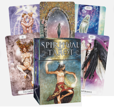 Caixa e cartas do tarô espiritual com ilustrações coloridas e nomes das cartas em inglês.