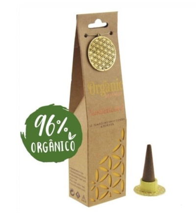 Embalagem e cone de incenso orgânico castanho com base amarela