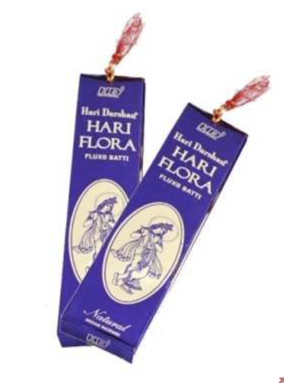 Caixas de incenso Hari Darshan Hari Flora em roxo com detalhe dourado e figura feminina tradicional