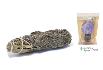 Pau de incenso copal com embalagem plástica e etiqueta roxa