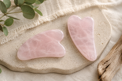 Acessórios de massagem Gua Sha cor-de-rosa sobre superfície de pedra e tecido.