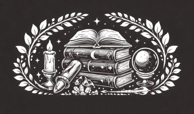 Ilustração em preto e branco de livros, vela, cristal, esfera e taco envoltos por ramos e estrelas.