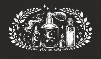 Ilustração em branco de frascos de perfume com símbolos de lua e estrelas e ornamentos de folhas