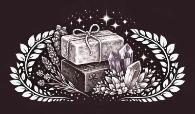 Ilustração de sabonetes, lavanda, cristais e folhas em fundo preto