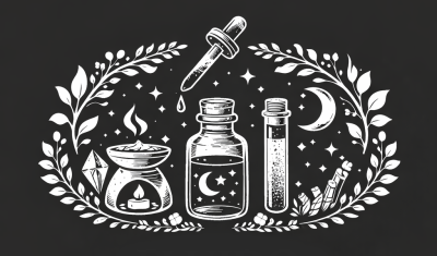 Ilustração monocromática de difusor de aroma, frasco, tubo de ensaio e conta-gotas com elementos decorativos naturais e celestes