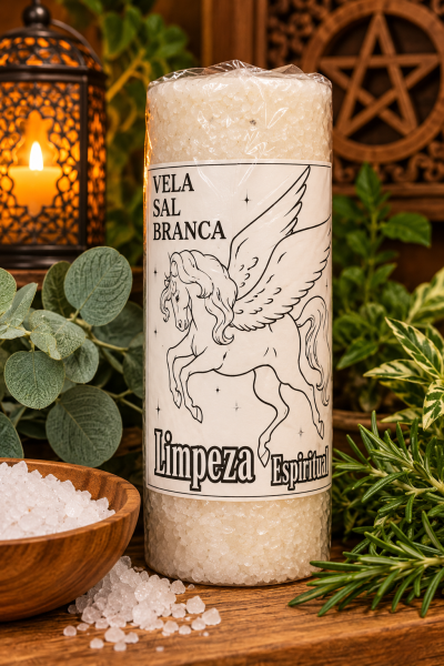 Vela com sal branco para limpeza espiritual com rótulo e desenho de cavalo alado em ambiente natural e lanterna atrás.