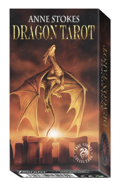 Caixa do baralho Anne Stokes Dragon Tarot com dragão dourado e formação rochosa sobre fundo laranja