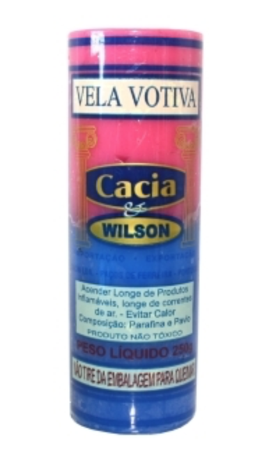 Vela votiva rosa e azul com texto impresso numa embalagem cilíndrica