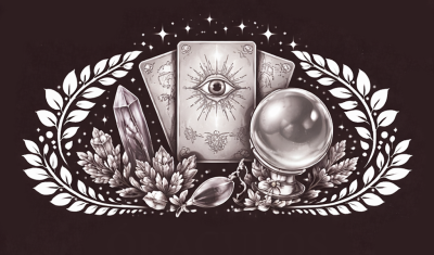 Cartas de tarô, bola de cristal e cristais em imagem mística a preto e branco