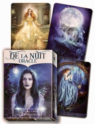 Cartas oráculo De La Nuit Oracle com imagens de mulher, lobo e relógio