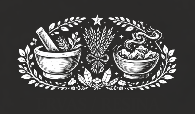 Desenho em branco e preto de almofariz, pilão, tigela com cubos fumegantes e ramos de plantas.