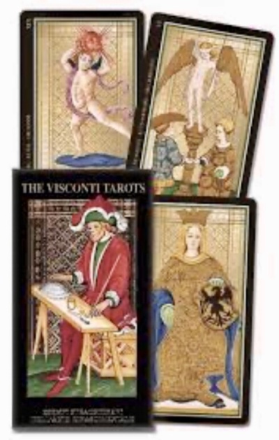 Cartas do tarô THE VISCONTI TAROTS com ilustrações coloridas e fundo decorado.