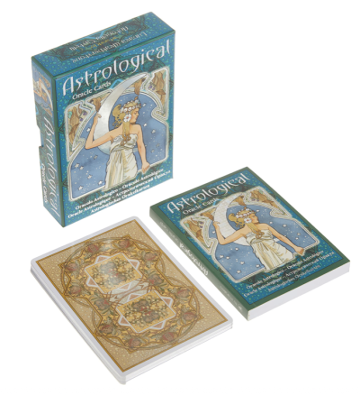 Caixa, manual e cartas do conjunto Astrological Oracle Cards com design clássico e cores azul, bege e dourado