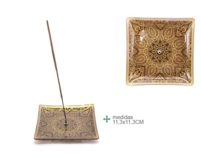 Cinzeiro quadrado em vidro castanho e dourado com suporte para incenso