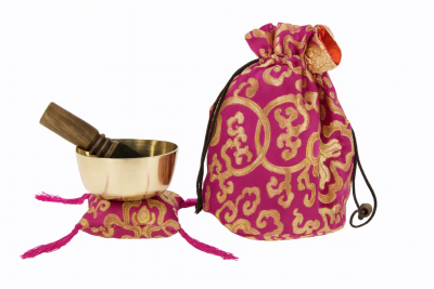 Conjunto de tigela tibetana e saco de tecido com padrão dourado