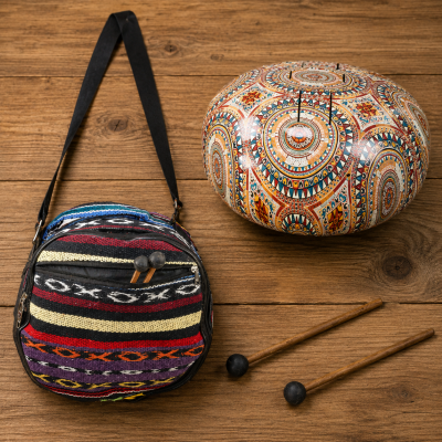 Tambor de aço colorido, bolsa multicolorida com alça preta e baquetas em mesa de madeira