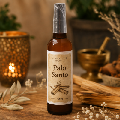 Frasco de spray âmbar com etiqueta Palo Santo sobre mesa de madeira com decoração