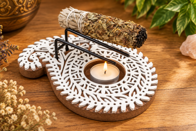 Suporte decorativo em madeira para incenso e vela de chá acesa
