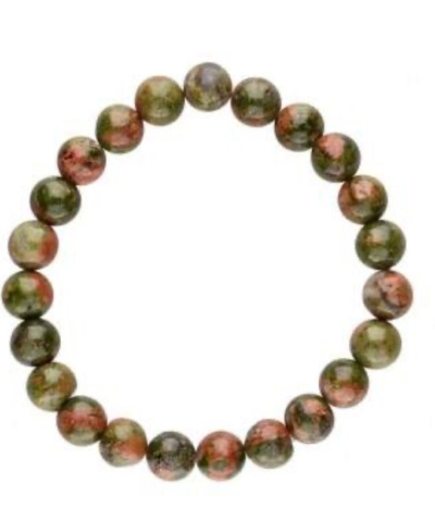 Pulseira de contas verdes e rosas com padrão marmoreado